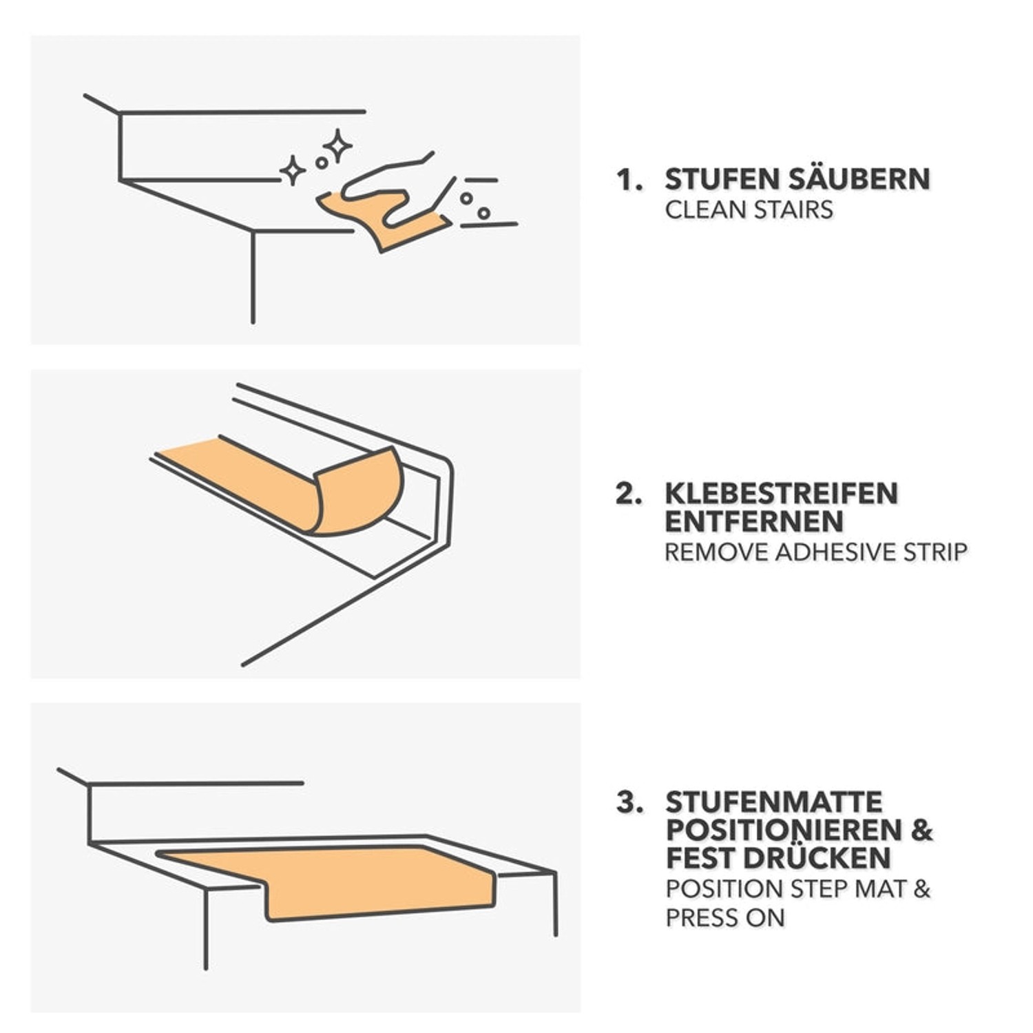 Anleitung zur Montage der Karat Stufenmatte Alto: Stufen reinigen, Klebestreifen entfernen, Matte positionieren.