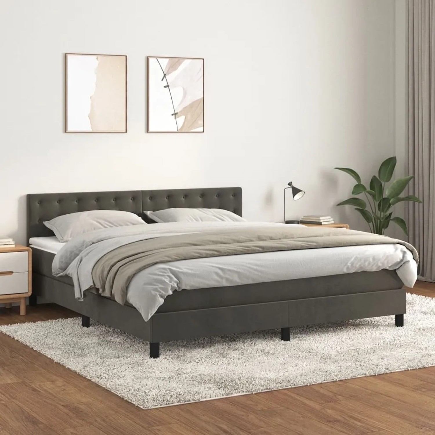 Dunkelgraues vidaXL Boxspringbett (160x200 cm) mit Matratze und Samtbezug.