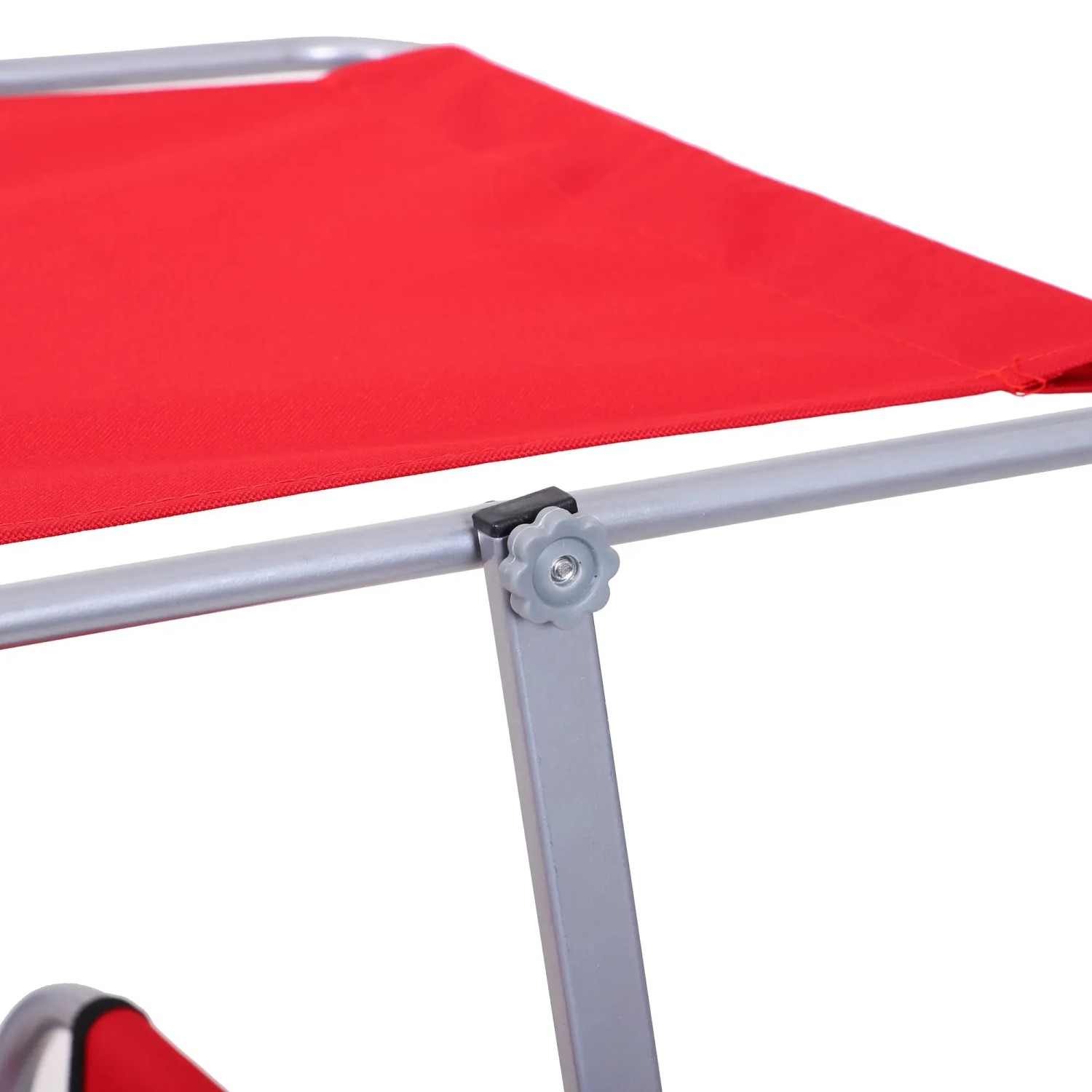 Detailansicht: Rote Outsunny Sonnenliege mit verstellbarem Sonnendach und grauem Metallgestell.