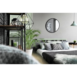 Runder Wallfluent Wandspiegel mit schwarzem Rahmen im modernen Schlafzimmer. Dekorativer Spiegel für Bad, Flur, Wohnzimmer.