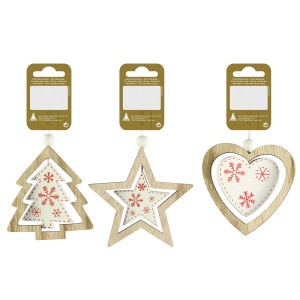Deko-Holzhänger, 7,5 cm, Natur/Rot, 3-fach sortiert: Baum, Stern, Herz mit Schneeflockenmuster.