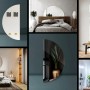 Moderner halbkreisförmiger Wandspiegel in verschiedenen Räumen und Ausrichtungen. Rahmenloses Design, dekorativ und funktional.