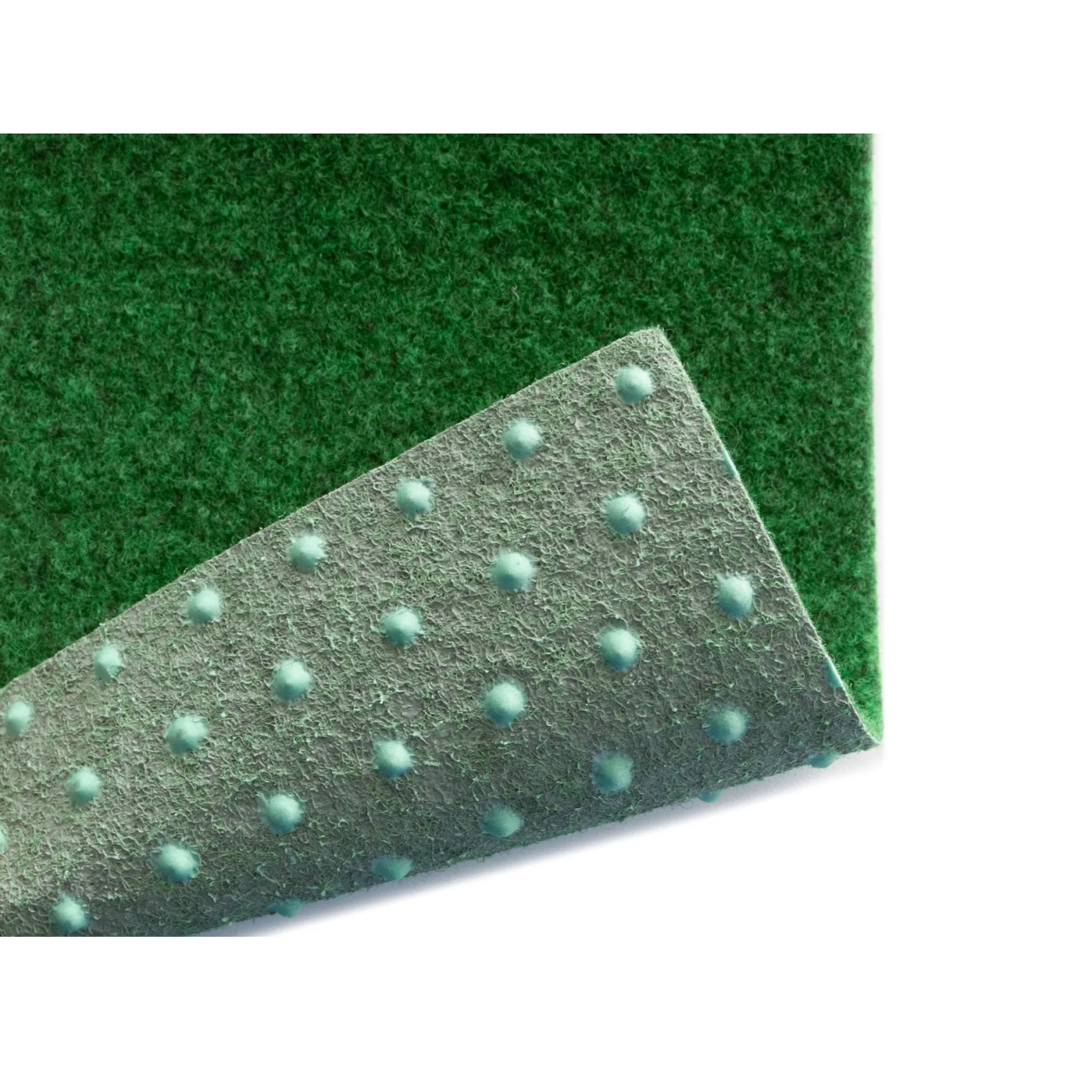 Detailaufnahme eines grünen Primaflor Rasenteppich Comfort mit Noppen zur Wasserableitung.