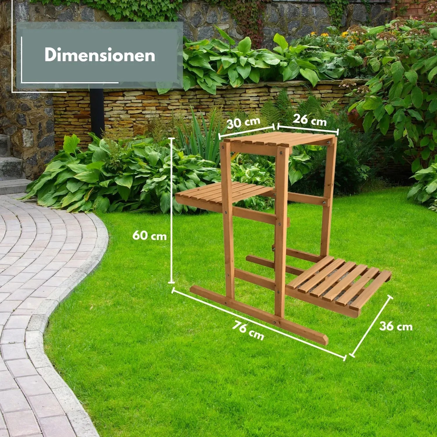 Coemo Blumenregal Perry aus Holz mit 3 Ablageflächen und Maßangaben im Garten.