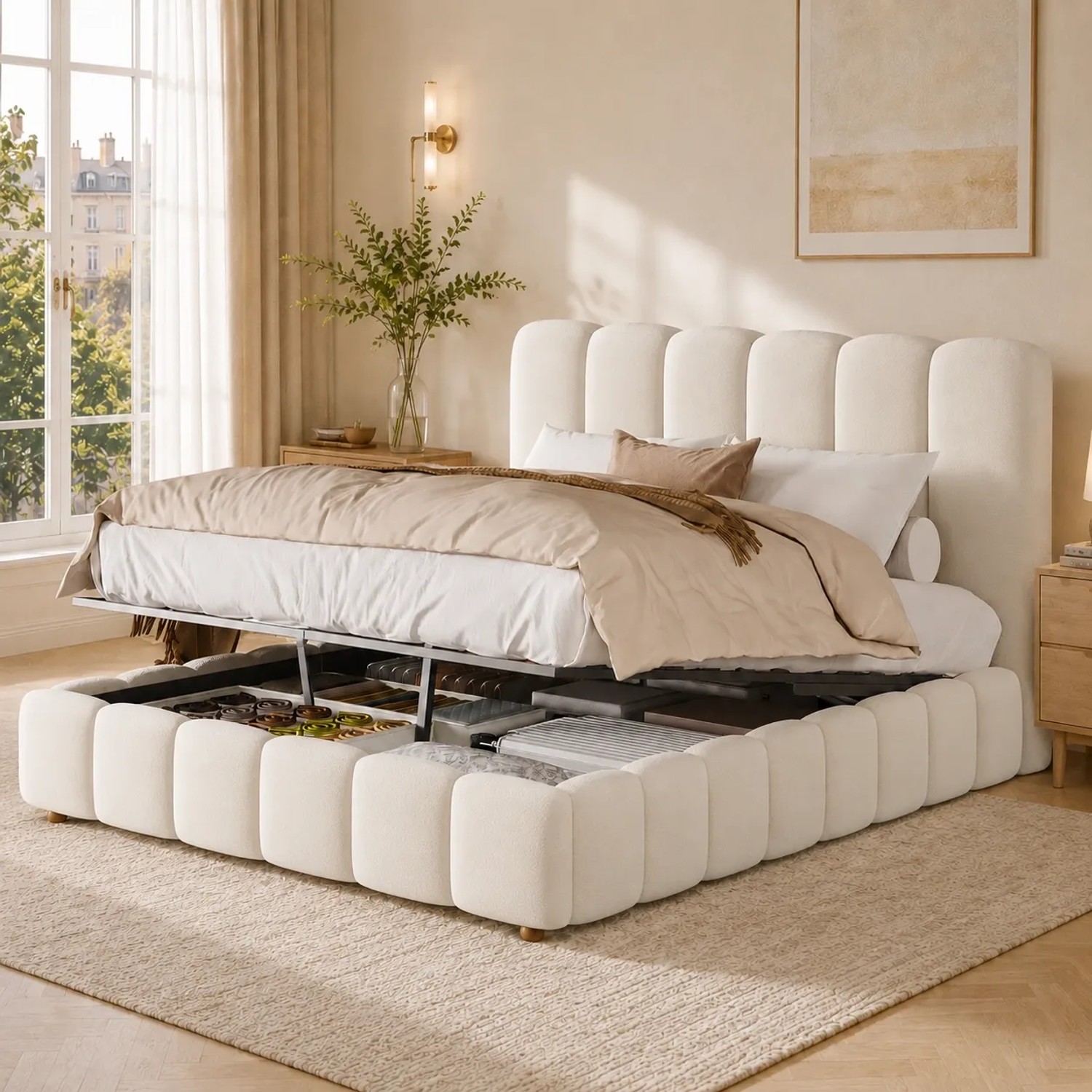 Merax Polsterbett 140 x 190 cm mit Stauraum Lattenrost Samt Beige