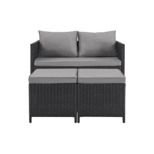 Svita Athina Sitzgruppe, schwarzes Polyrattan Gartenmöbel Set mit grauen Kissen für Balkon oder Terrasse.