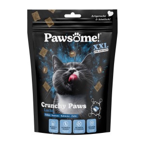 Pawsome Crunchy Paws Katzenleckerli Lachs, 150g Packung. Knusprige Katzensnacks mit Fischgeschmack.