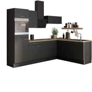 Moderne Optifit Winkelküche Optikoncept Ingvar, 270 cm, in Anthrazit mit Holzdekor Arbeitsplatte.