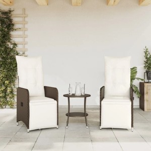 2 braune, verstellbare Poly Rattan Gartensessel mit cremeweißen Kissen. Entspannung pur!