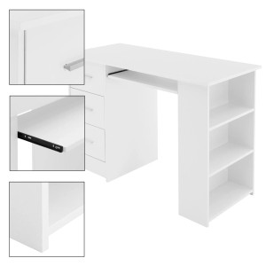 Weißer ML-Design Schreibtisch mit 3 Schubladen, Regalen und Tastaturauszug.