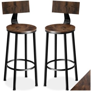 Set aus zwei Barhockern im Industrial Style mit Rückenlehne, Holz dunkel rustikal, Stahlgestell schwarz.