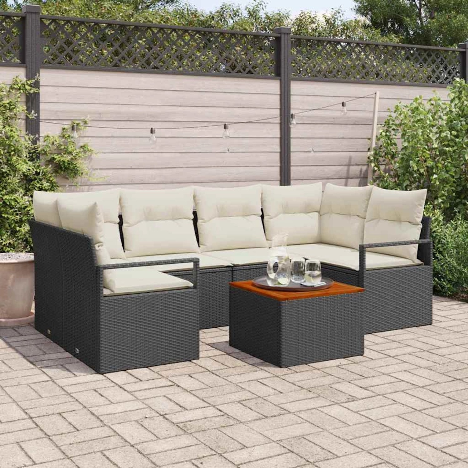 vidaXL Garten-Sofa-Set, 7-teilig, schwarz/weiß, mit Tisch und Polstern für Terrasse oder Garten.