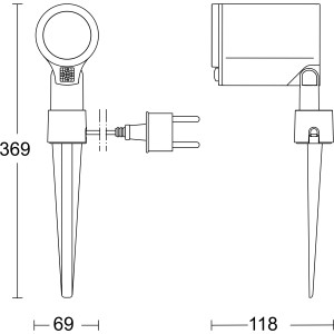 Skizze des Steinel LED-Strahlers Spot Garden SC Anthrazit mit Maßen.