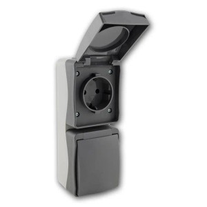 ChiliTec NUQUI Feuchtraum Doppelsteckdose vertikal IP54, hellgrau/grau, mit Klappdeckel für Innen- und Außenbereich.