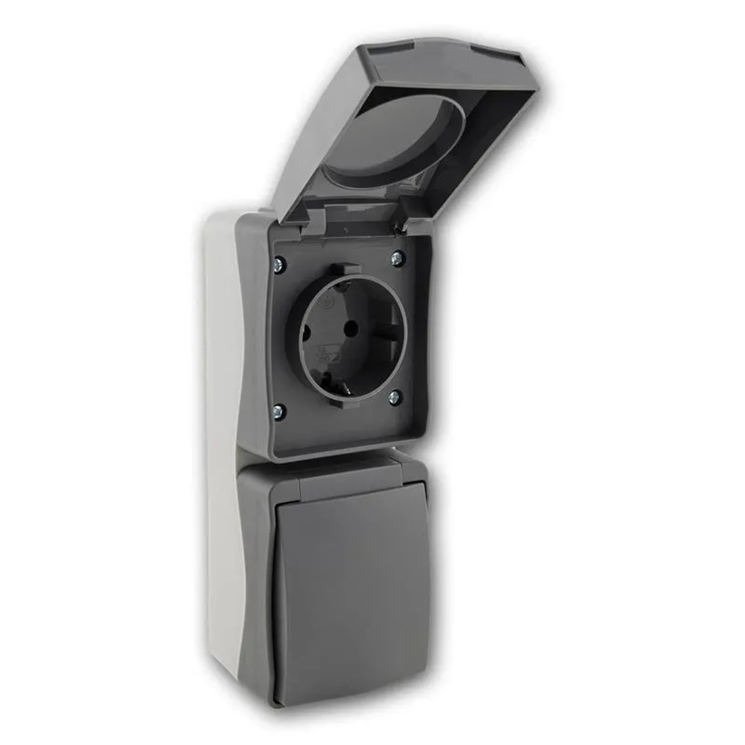ChiliTec NUQUI Feuchtraum Doppelsteckdose vertikal IP54, hellgrau/grau, mit Klappdeckel für Innen- und Außenbereich.
