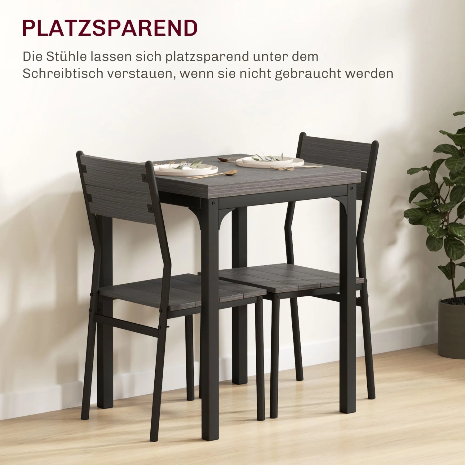 HOMCOM 3-teilige Essgruppe: Grauer Tisch mit schwarzem Metallgestell und zwei Stühlen, platzsparend untergeschoben.