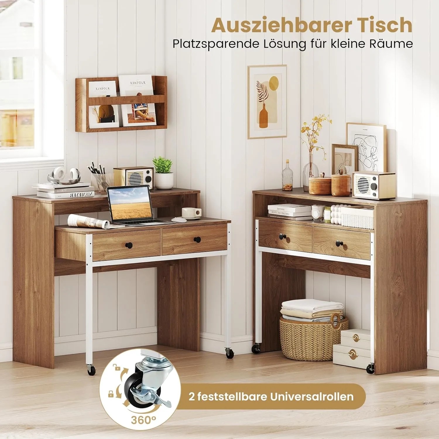 Costway Schreibtisch Ausziehbar mit Metallrahmen Natur_4
