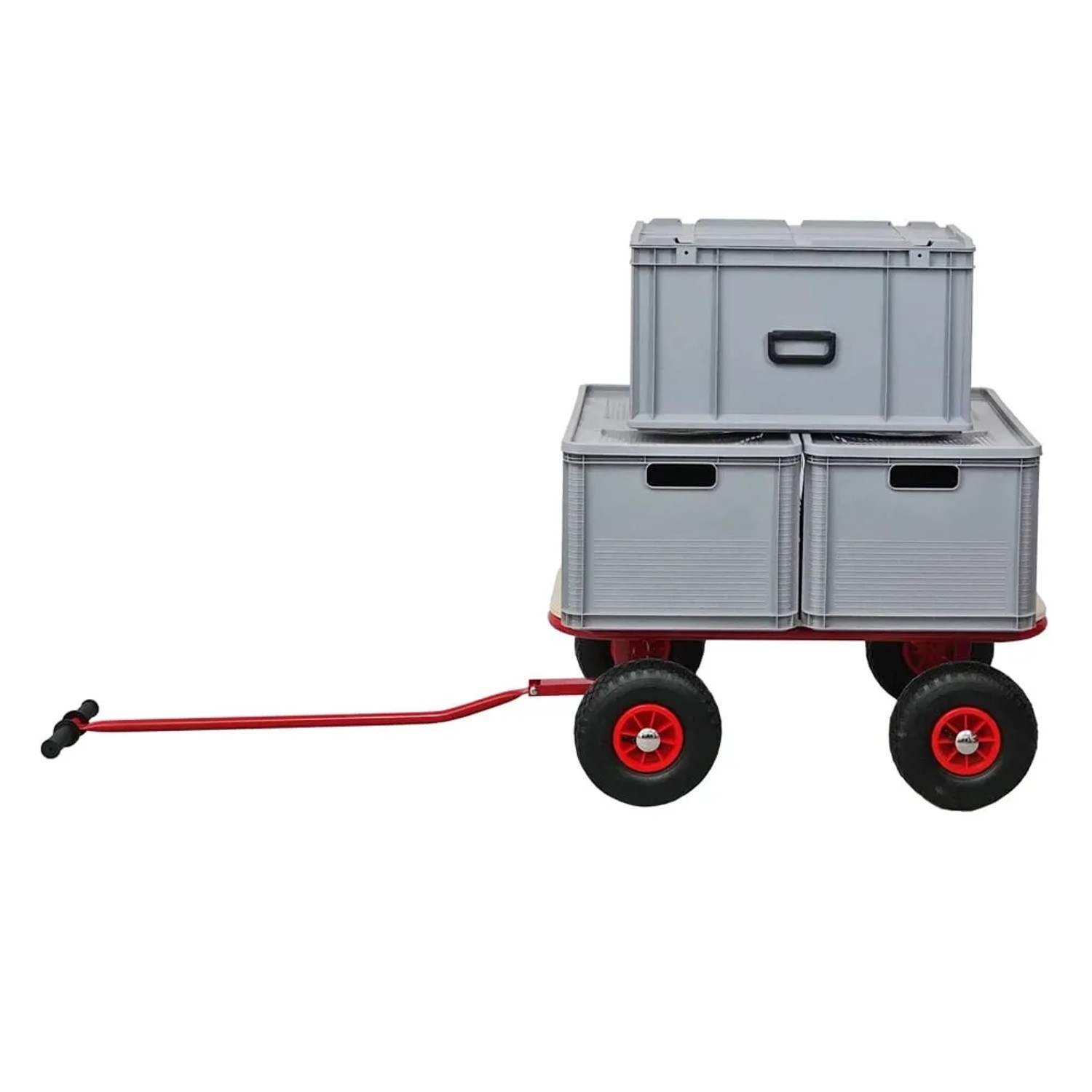 Profi Bollerwagen BOLLY mit grauen Kisten, rot pulverbeschichteter Rahmen und Luftbereifung.