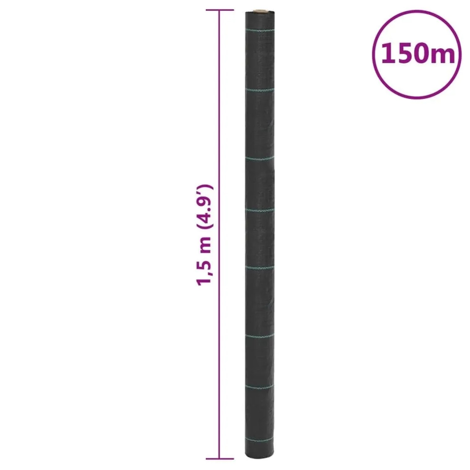 Schwarzes vidaXL Unkrautvlies, 1,5x150 m, mit grünen Streifen, aufgerollt.