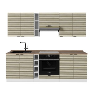 Vicco Fame-Line Küchenzeile in Eiche Paneel/Weiß mit Spüle, Herd und Dunstabzugshaube.