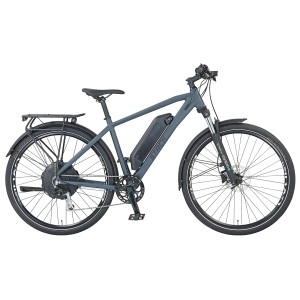 Schwarzes Prophete E-Bike ATB Stack 2.0 mit Gepäckträger und Federgabel.