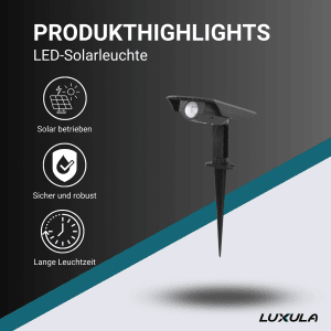 LUXULA LED Solar Gartenstrahler Spot, neutralweiß, mit Erdspieß für flexible Gartenbeleuchtung.