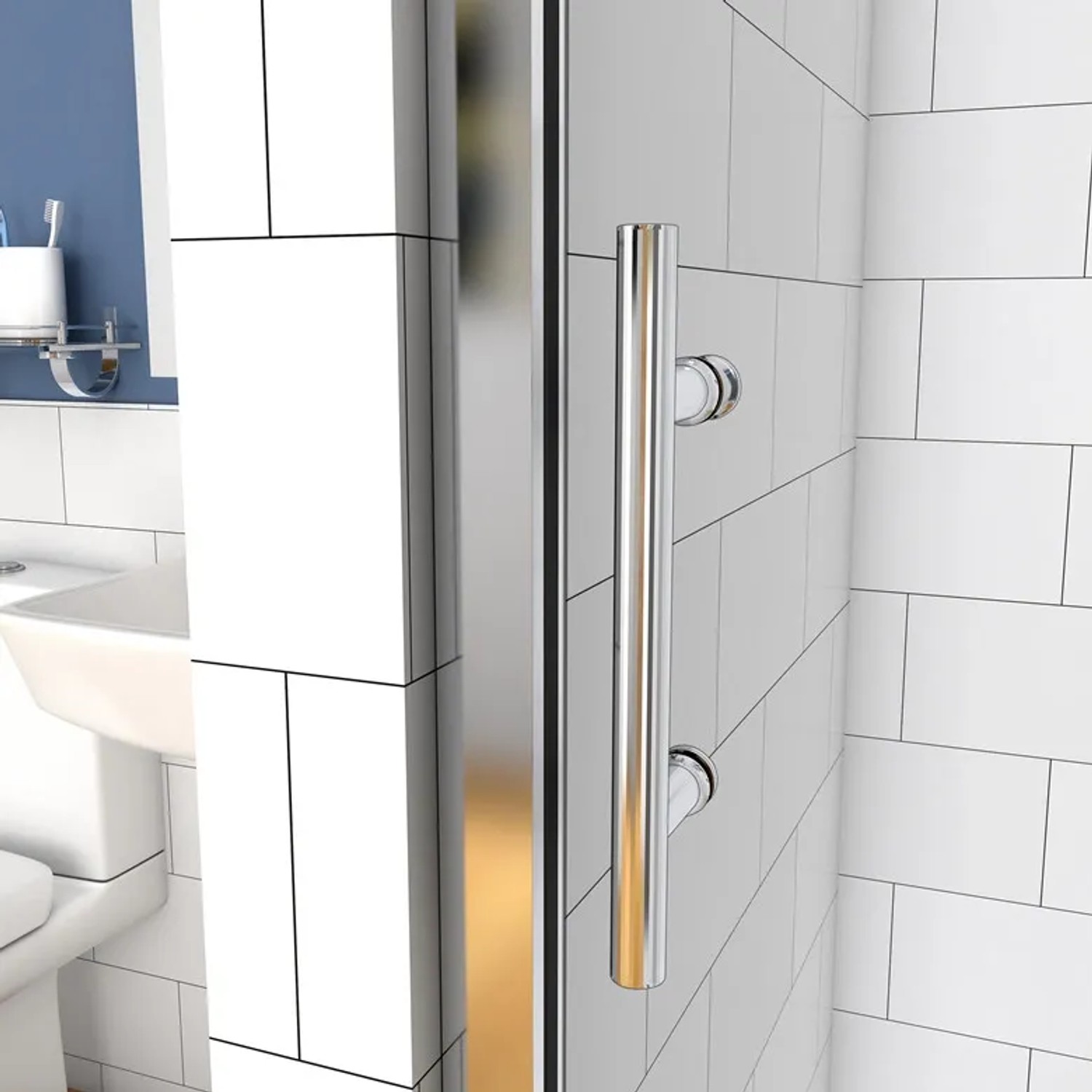 Detailaufnahme: Duschparadies Schiebetür 100cm mit Griff aus Chrom, Nischentür aus Klarglas.