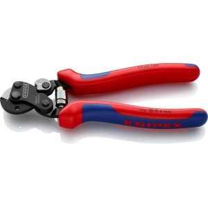 Knipex Drahtseilschere mit rot-blauen Griffen, geeignet für Drahtseile bis Ø 4 mm und Kabel bis Ø 6 mm.