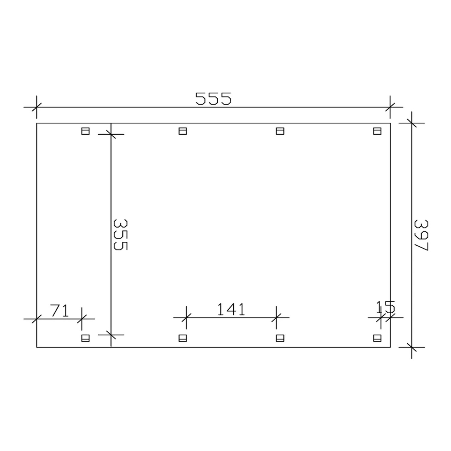 Technische Zeichnung: Skan Holz Caravan-Einzelcarport Friesland, Maße 397 x 555 cm.
