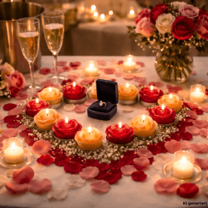 Romantische Tischdeko mit Rosen-Teelichtern in Gelb und Rosa, Kerzen und Ring.