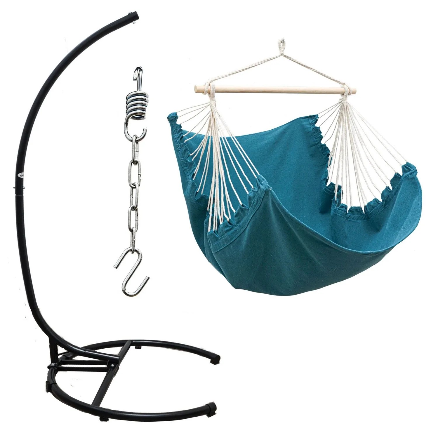 AMANKA XL-Hängesessel petrolblau mit schwarzem Stahlgestell, Feder und Kette für Garten & Terrasse.