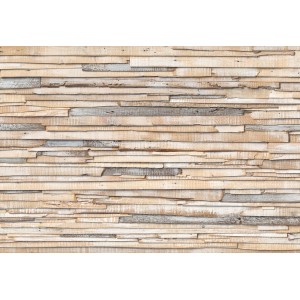 Komar Fototapete Whitewashed Wood Beige, 368x254 cm, zeigt eine Wand aus hellen, horizontalen Holzbrettern.
