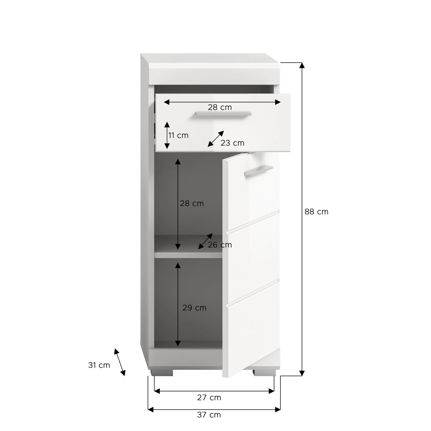 Weißer Hochglanz Bad Standschrank (37x88x31cm) mit Schublade und Tür, Maße eingezeichnet.