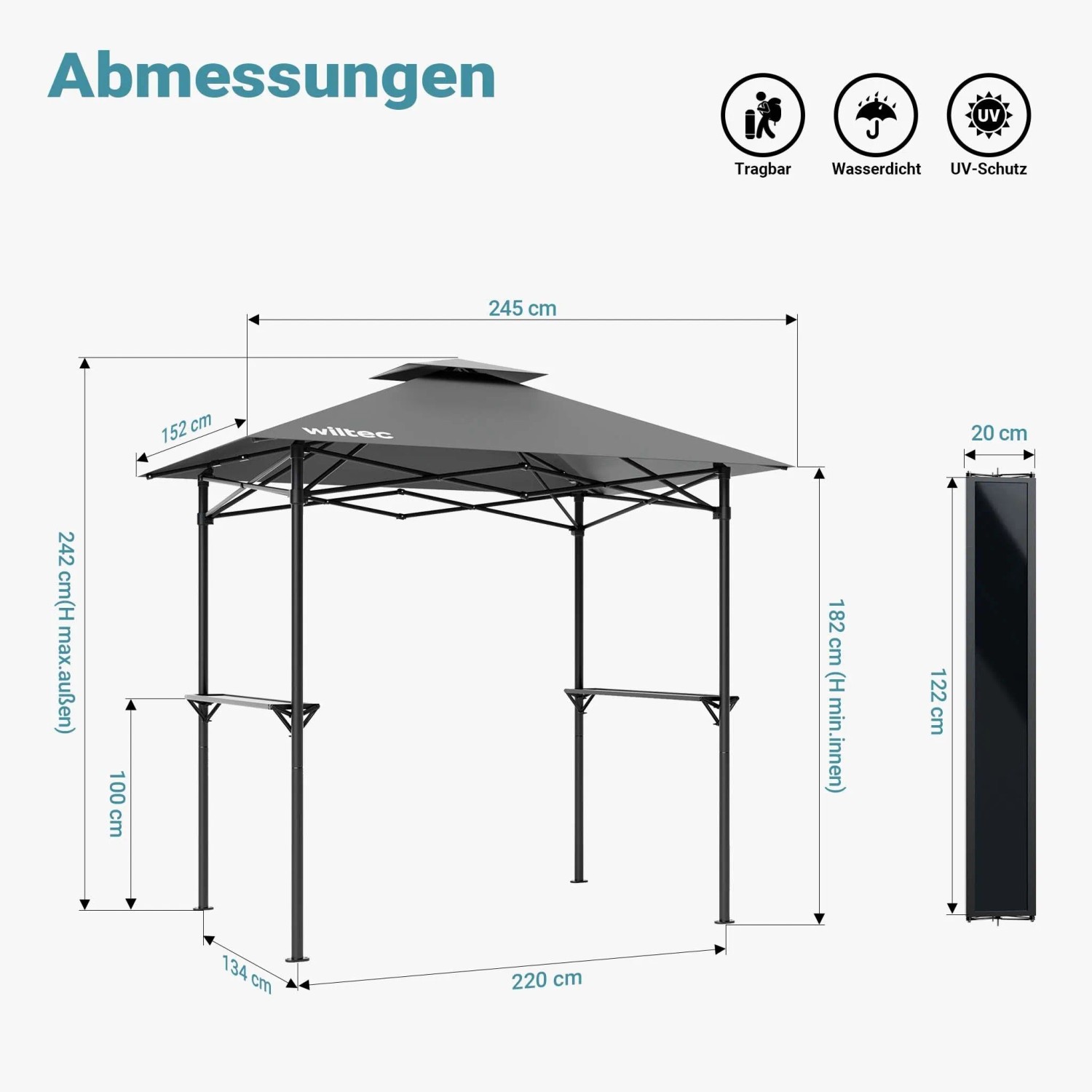 Wiltec Grillpavillon Grau 245X152X242Cm Bbq Pavillon Grillüberdachung Grillzelt_4