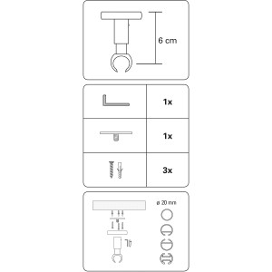 Gardinia Doppelträger Chicago Edelstahloptik, 20mm, mit Zubehör und Maßangabe.