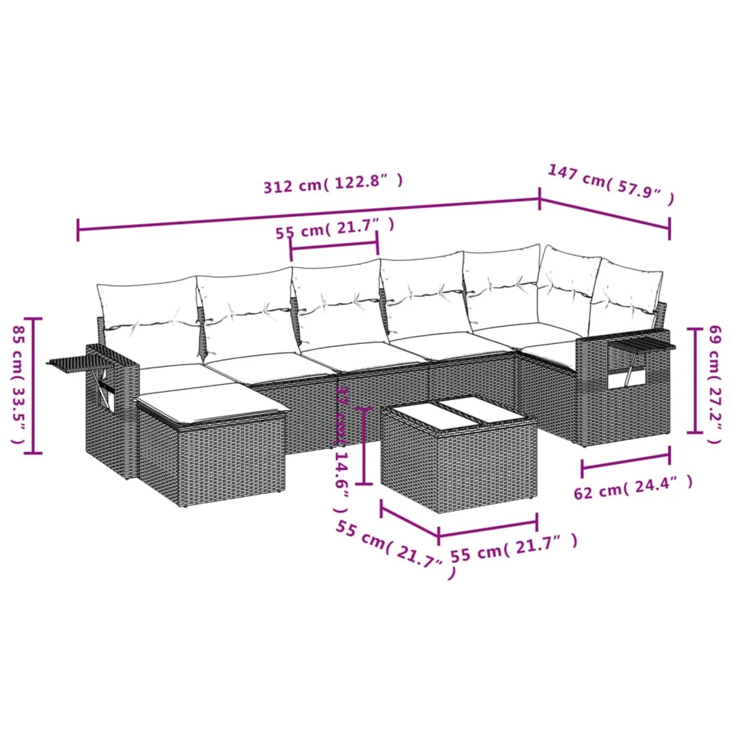 Beige 8-tlg. Garten-Sofagarnitur aus Poly Rattan mit Kissen, Maße siehe Abbildung.