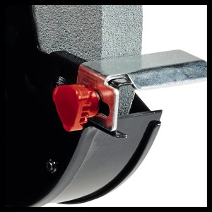 Detailaufnahme Einhell TC-BG 200 L Doppelschleifer: Schleifscheibe, Werkstückauflage und roter Einstellknopf.