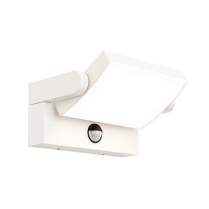 Weiße, moderne LED Außen-Wandleuchte mit schwenkbarem Kopf und Bewegungssensor. Ideal für Beleuchtung.