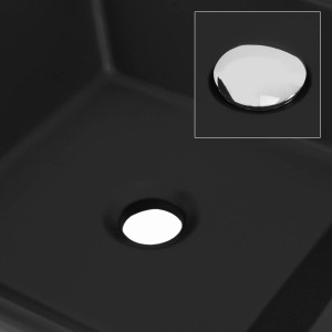 Schwarzes, eckiges ML-Design Keramik Waschbecken (41x41 cm) mit Ablaufgarnitur.