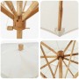Cremeweißer vidaXL Gartenparasol aus Bambus. Detailansichten von Schirmstoff, Bambusgestell und Öffnungsmechanismus.