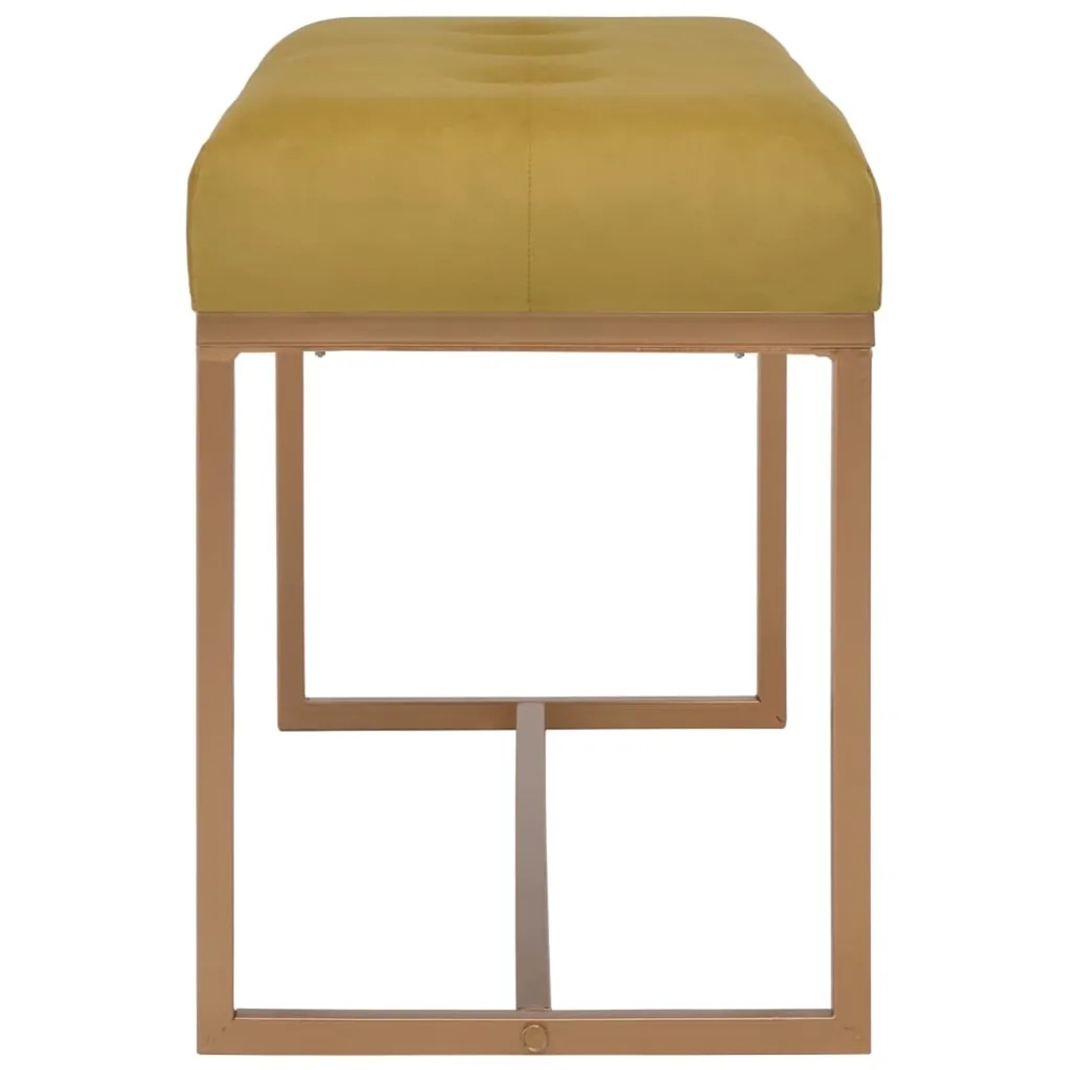 Senfgelbe Samtbank (80 cm) mit goldenem Metallgestell. Möbel für Wohnzimmer und Flur.