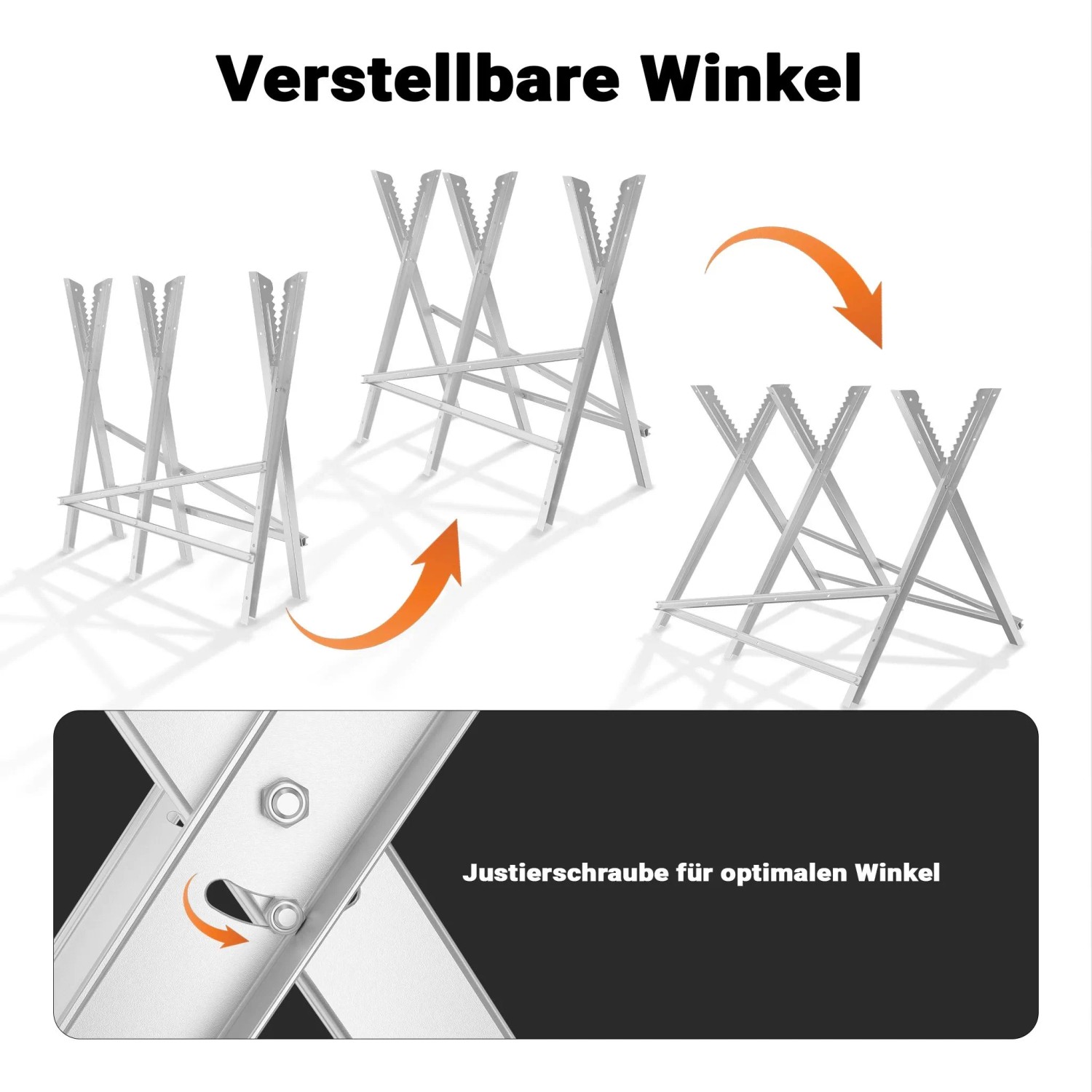 Verstellbarer, verzinkter Xpotool Sägebock aus Stahl. Zeigt Winkelanpassung und Justierschraube für Holzarbeiten.