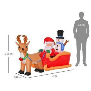 Aufblasbarer Weihnachtsmann auf rotem Schlitten mit Schneemann, gezogen von Rentier. 1,28m hoch, 2m lang. Festliche Gartendekoration.
