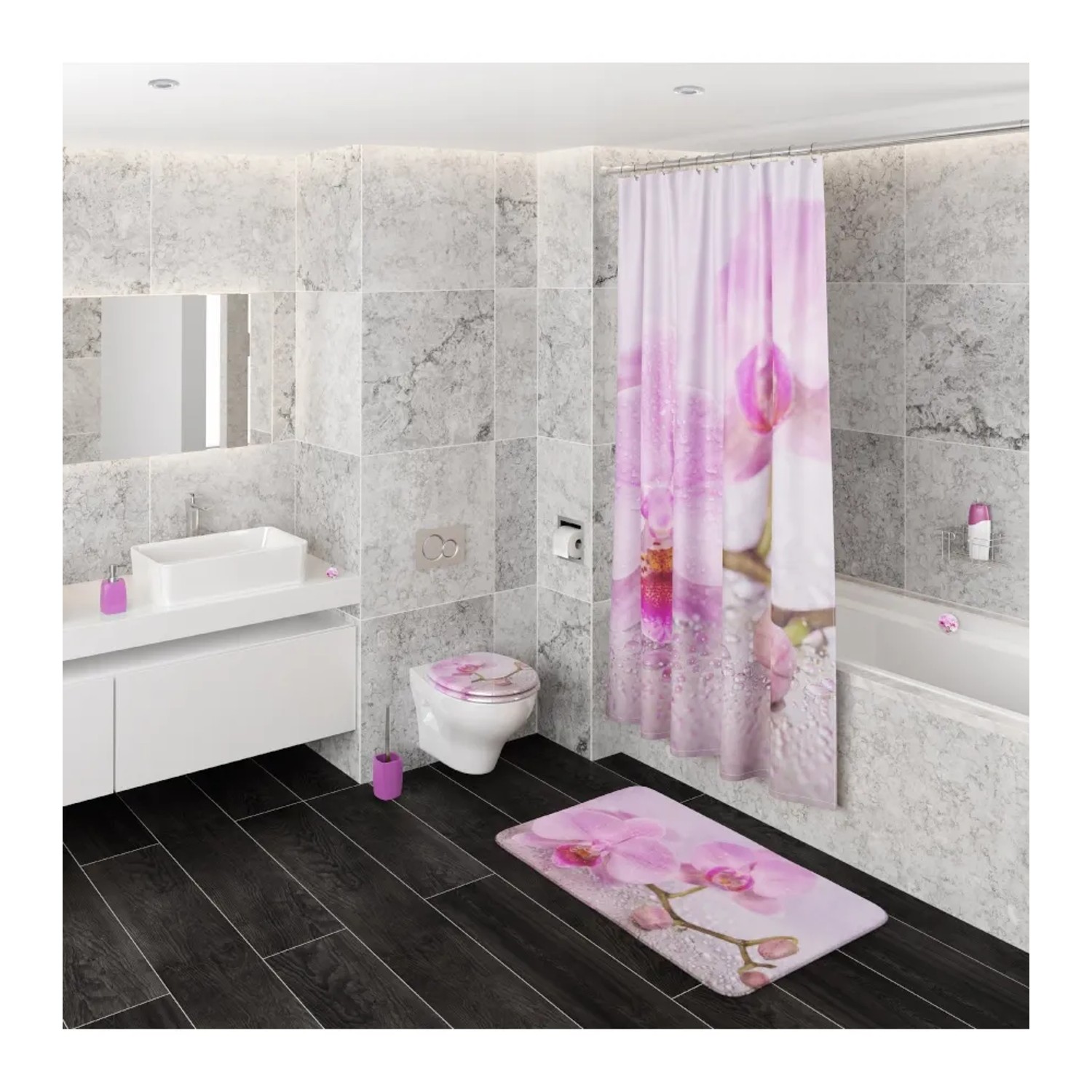Badezimmer mit Sanilo Seifenspender Blooming und passendem Zubehör mit Orchideen Motiv.