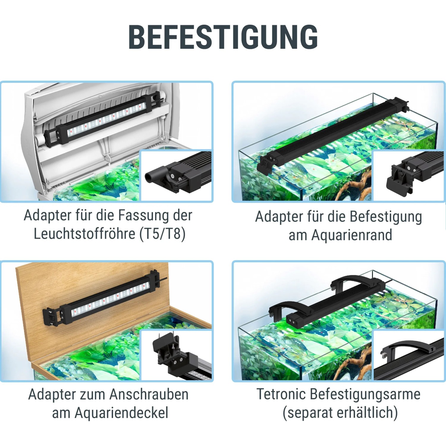 Tetra Tetronic ProLine 1.180: Verschiedene Befestigungsadapter für die Aquarium Beleuchtung.