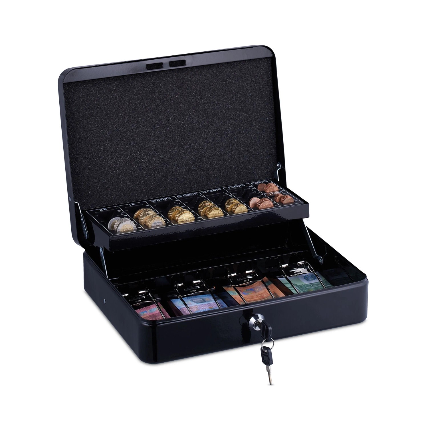Relaxdays Geldkassette Stahl Schwarz Abschließbar mit Euro Münzzählbrett 8,5 cm x 30,5 cm x 24,5 cm 2 kg