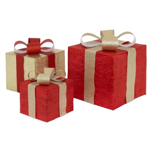 3er Set LED Geschenkboxen in Rot und Gold als Weihnachtsdekoration.