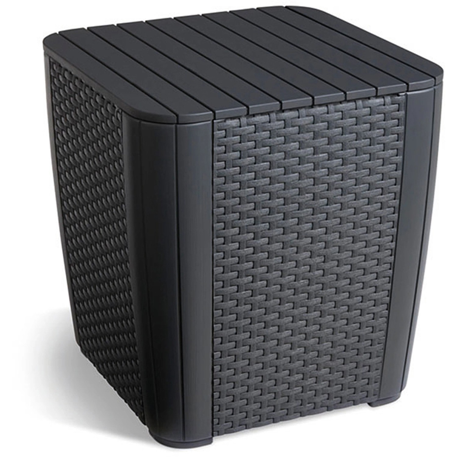 Grauer Allibert Lowa Tisch mit Boxfunktion, Teil des 3-tlg. Gartenmöbelsets.