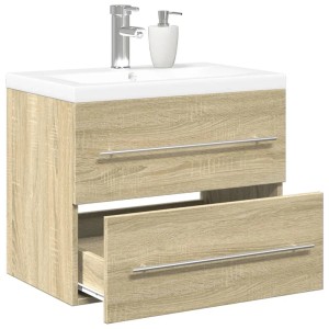 vidaXL Badmöbel-Set Sonoma-Eiche mit weißem Keramik-Waschbecken und 2 Schubladen, eine offen.