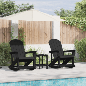 Schwarzes 3-teiliges Garten Lounge Set mit Schaukelstühlen und Tisch aus HDPE.